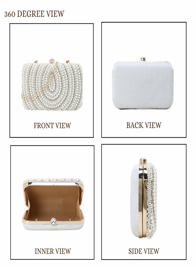 Anekaant Adorn White & Gold Pearl Embellished Faux Silk Clutch for Women | Bridal Bag | Party, Wedding & Festive Accessory - Image 5